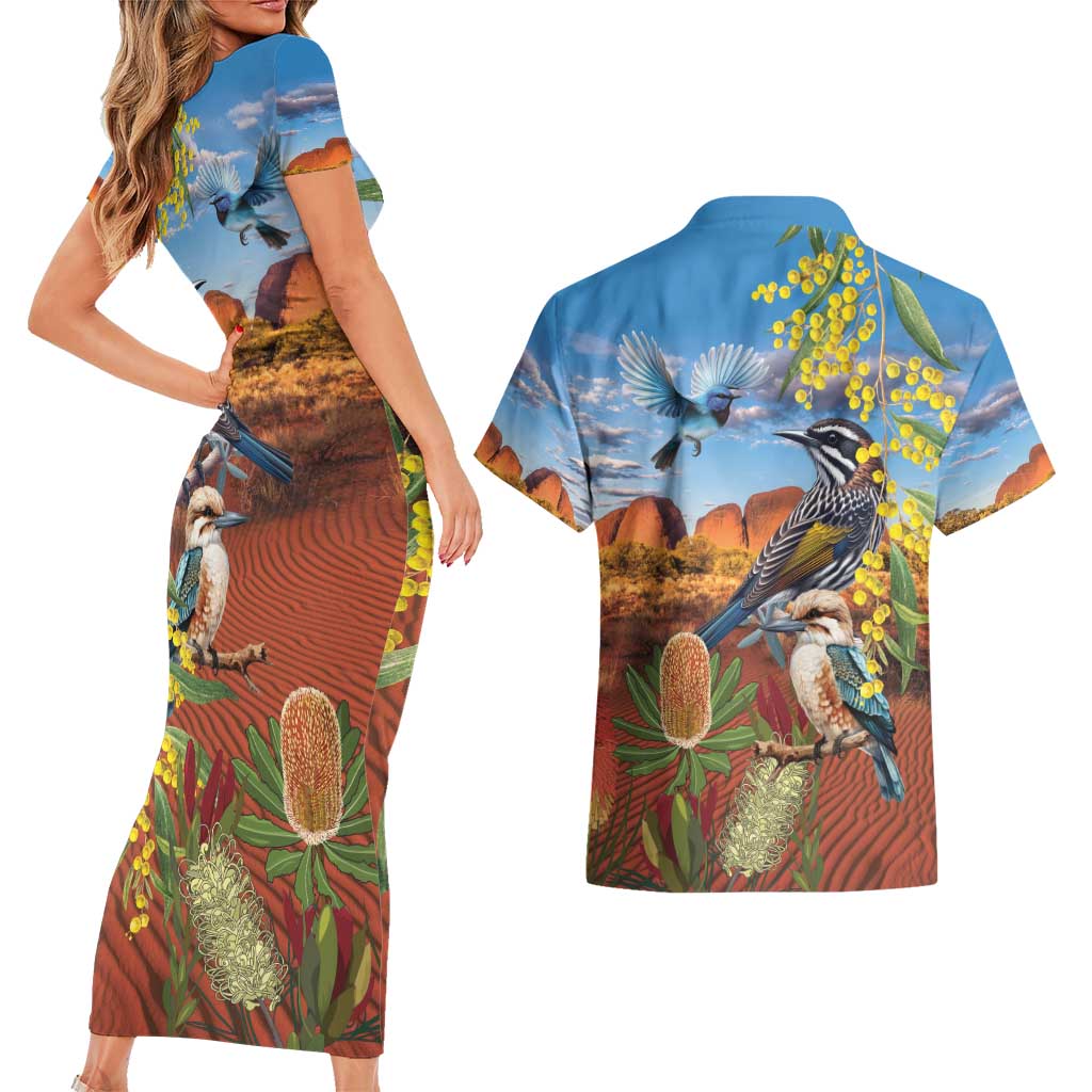 Australia Native Bird Uluru Ayers Rock Couples Matching Short Sleeve Bodycon Dress and Hawaiian Shirt