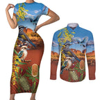 Australia Native Bird Uluru Ayers Rock Couples Matching Short Sleeve Bodycon Dress and Long Sleeve Button Shirt