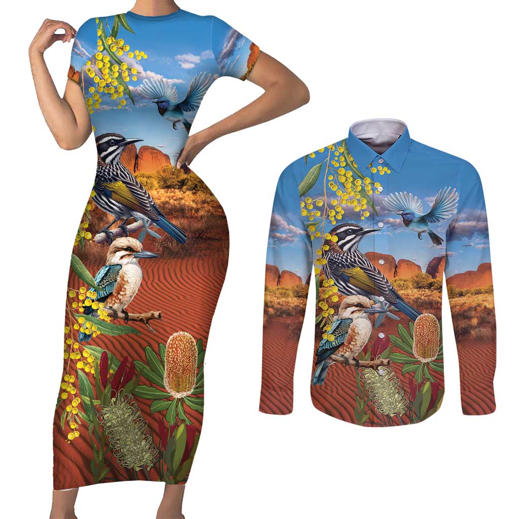Australia Native Bird Uluru Ayers Rock Couples Matching Short Sleeve Bodycon Dress and Long Sleeve Button Shirt