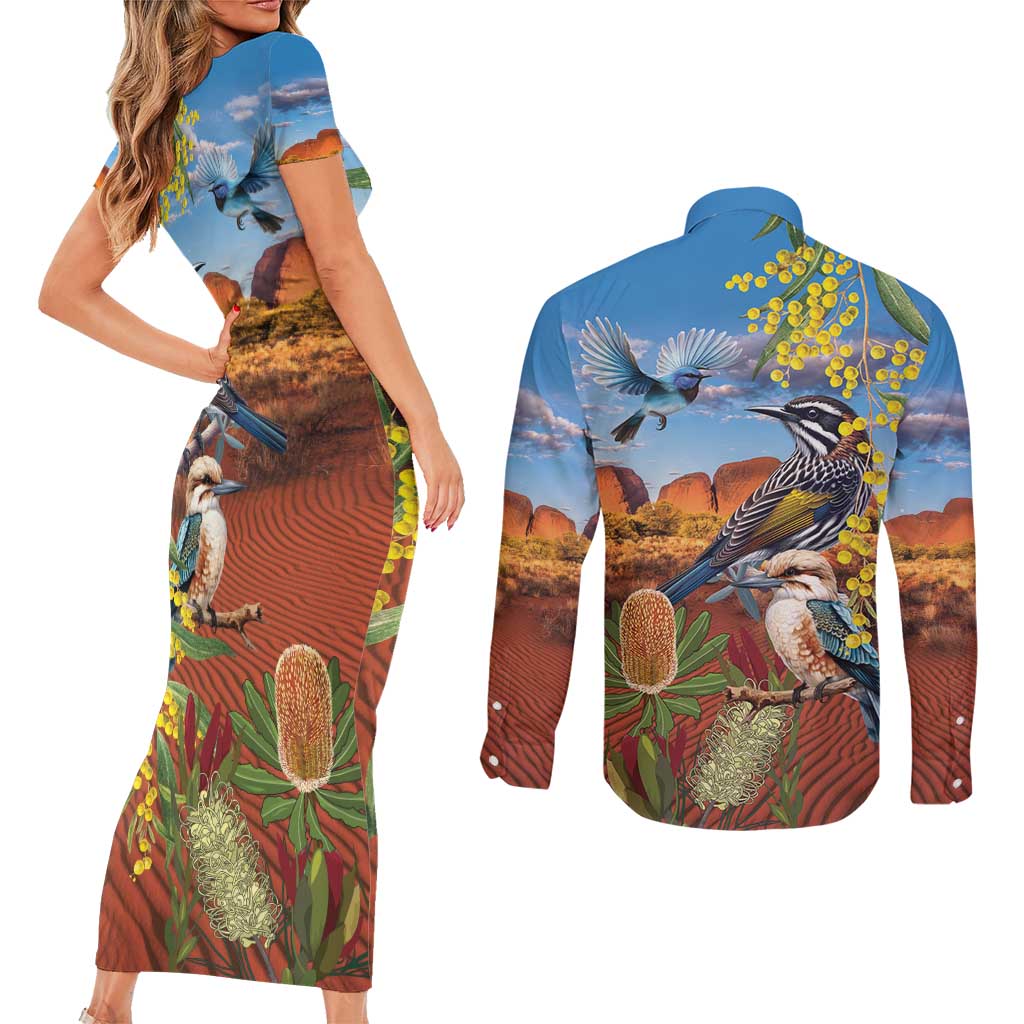 Australia Native Bird Uluru Ayers Rock Couples Matching Short Sleeve Bodycon Dress and Long Sleeve Button Shirt