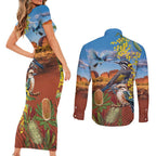 Australia Native Bird Uluru Ayers Rock Couples Matching Short Sleeve Bodycon Dress and Long Sleeve Button Shirt