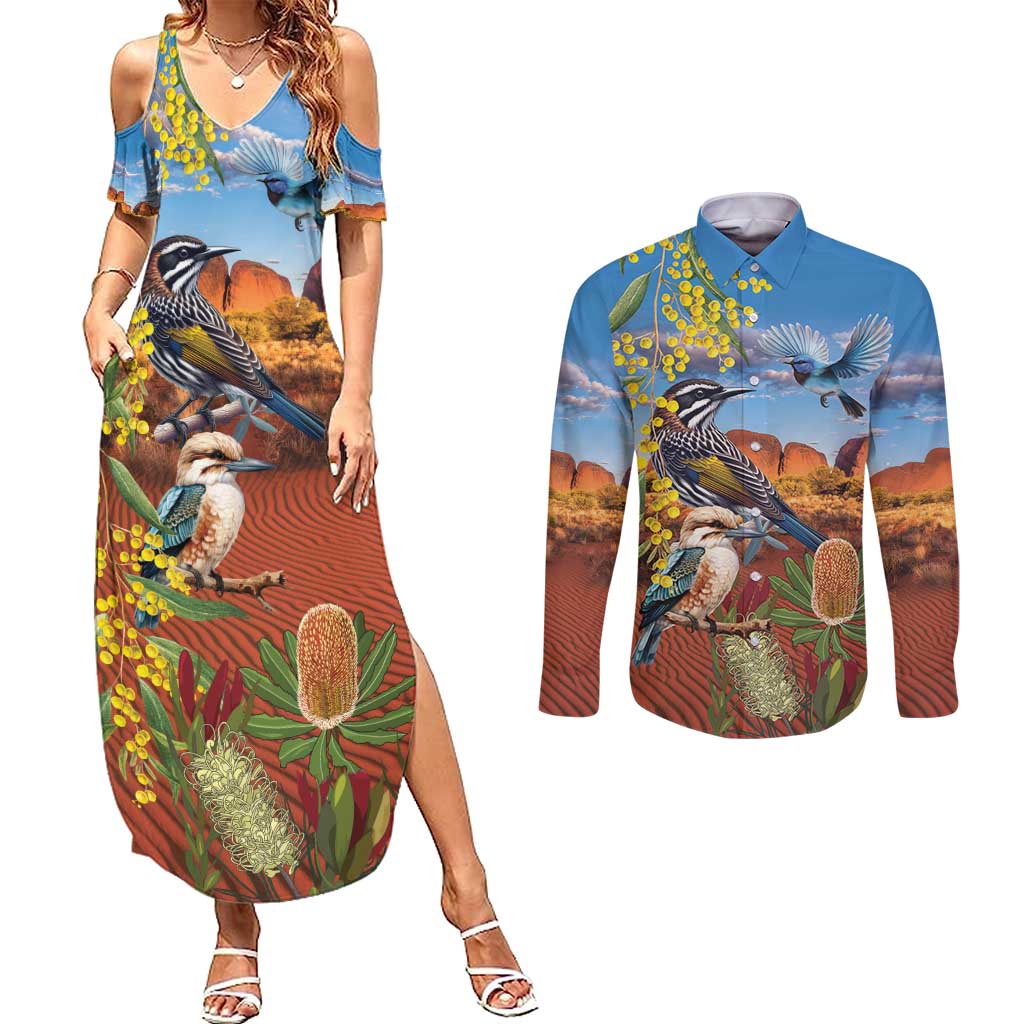 Australia Native Bird Uluru Ayers Rock Couples Matching Summer Maxi Dress and Long Sleeve Button Shirt