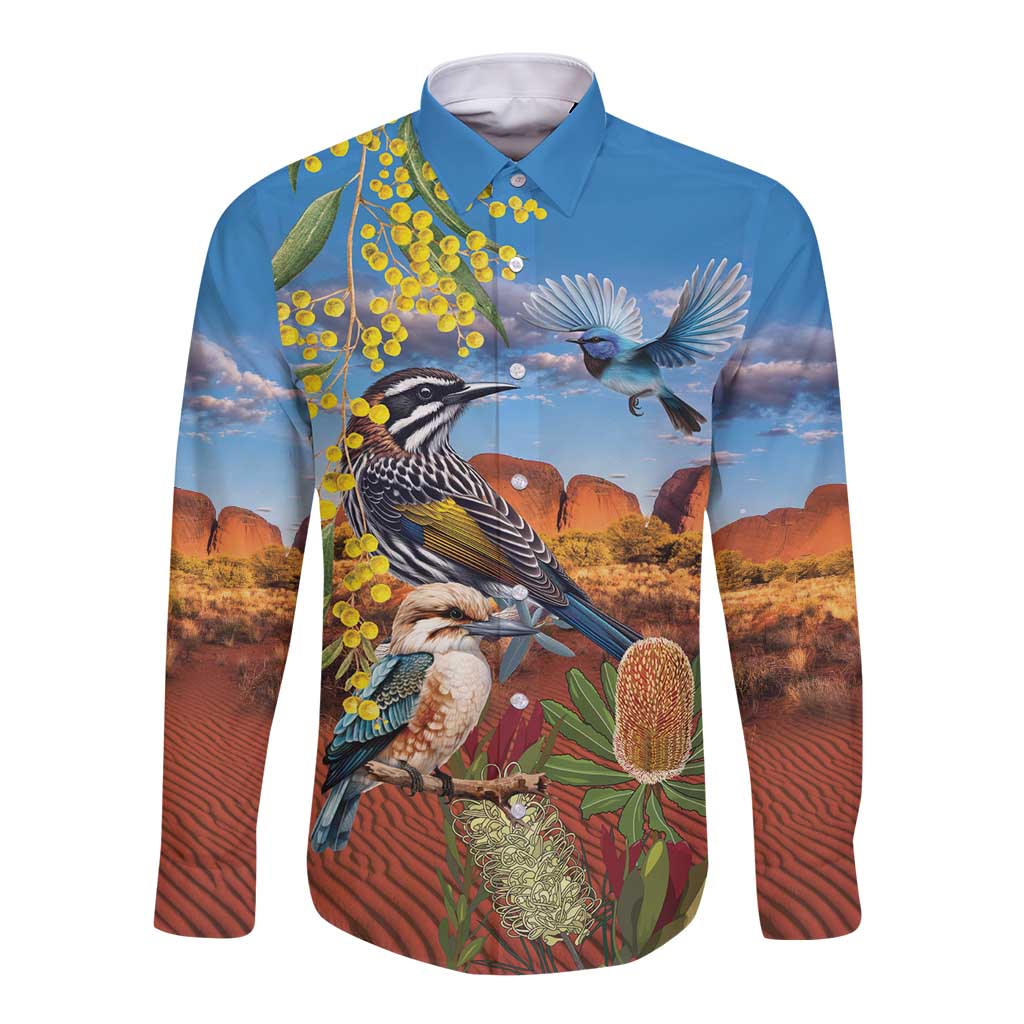 Australia Native Bird Uluru Ayers Rock Long Sleeve Button Shirt