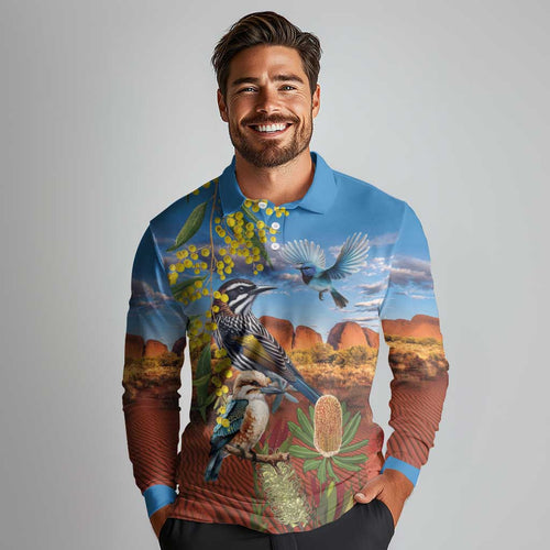 Australia Native Bird Uluru Ayers Rock Long Sleeve Polo Shirt