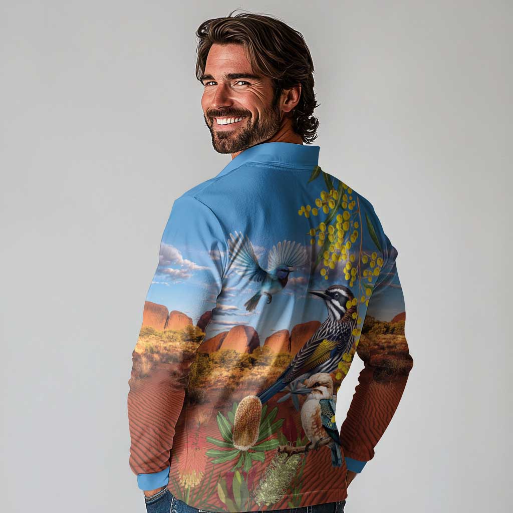 Australia Native Bird Uluru Ayers Rock Long Sleeve Polo Shirt