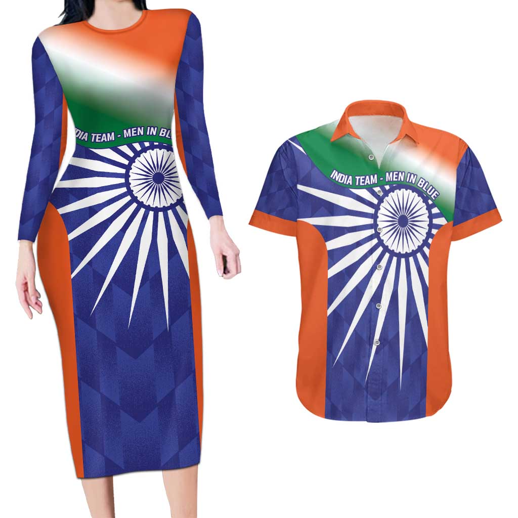 India Cricket Custom Couples Matching Long Sleeve Bodycon Dress and Hawaiian Shirt Ashoka Chakra with Flag Style
