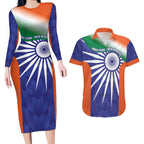 India Cricket Custom Couples Matching Long Sleeve Bodycon Dress and Hawaiian Shirt Ashoka Chakra with Flag Style