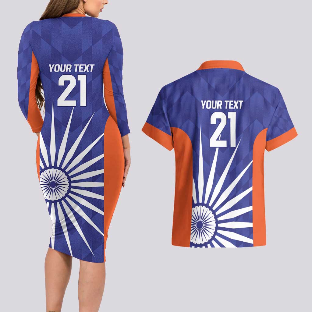 India Cricket Custom Couples Matching Long Sleeve Bodycon Dress and Hawaiian Shirt Ashoka Chakra with Flag Style