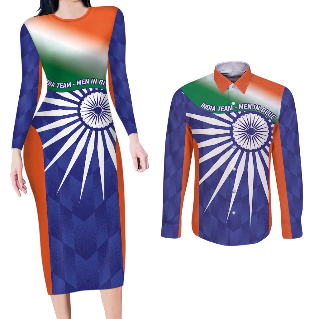 India Cricket Custom Couples Matching Long Sleeve Bodycon Dress and Long Sleeve Button Shirt Ashoka Chakra with Flag Style