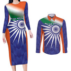 India Cricket Custom Couples Matching Long Sleeve Bodycon Dress and Long Sleeve Button Shirt Ashoka Chakra with Flag Style