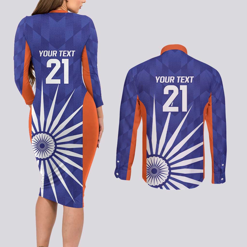 India Cricket Custom Couples Matching Long Sleeve Bodycon Dress and Long Sleeve Button Shirt Ashoka Chakra with Flag Style