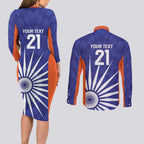 India Cricket Custom Couples Matching Long Sleeve Bodycon Dress and Long Sleeve Button Shirt Ashoka Chakra with Flag Style