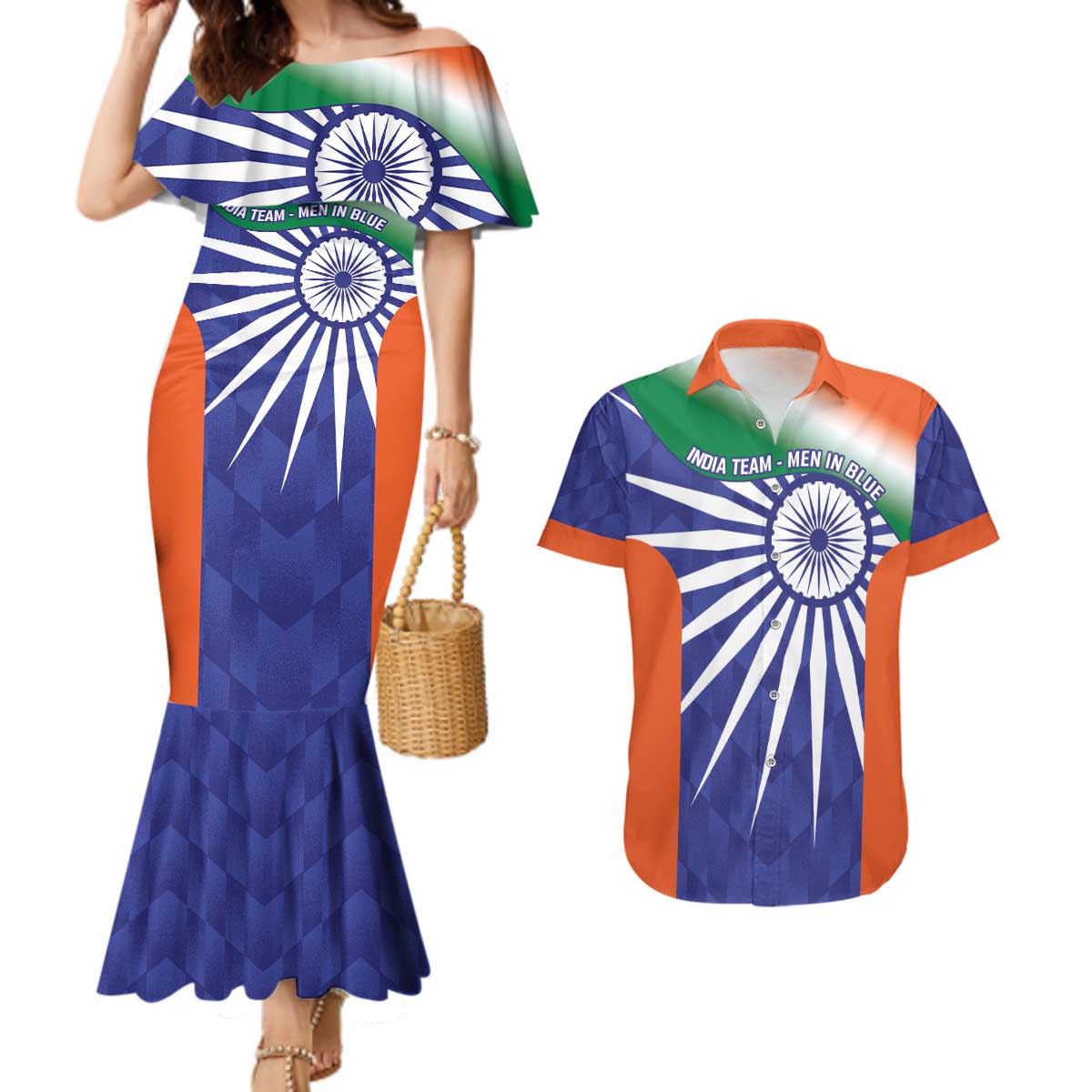 India Cricket Custom Couples Matching Mermaid Dress and Hawaiian Shirt Ashoka Chakra with Flag Style