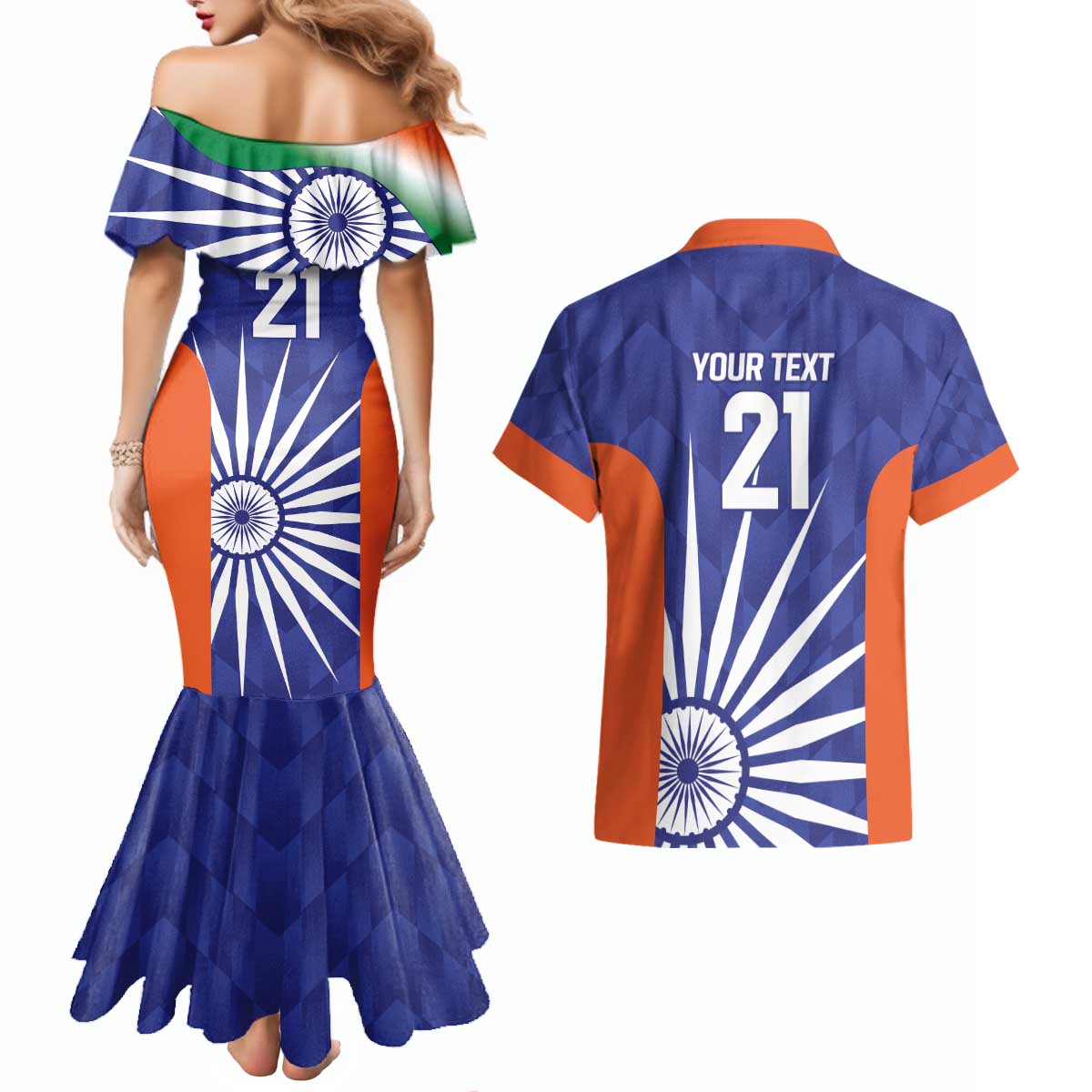 India Cricket Custom Couples Matching Mermaid Dress and Hawaiian Shirt Ashoka Chakra with Flag Style