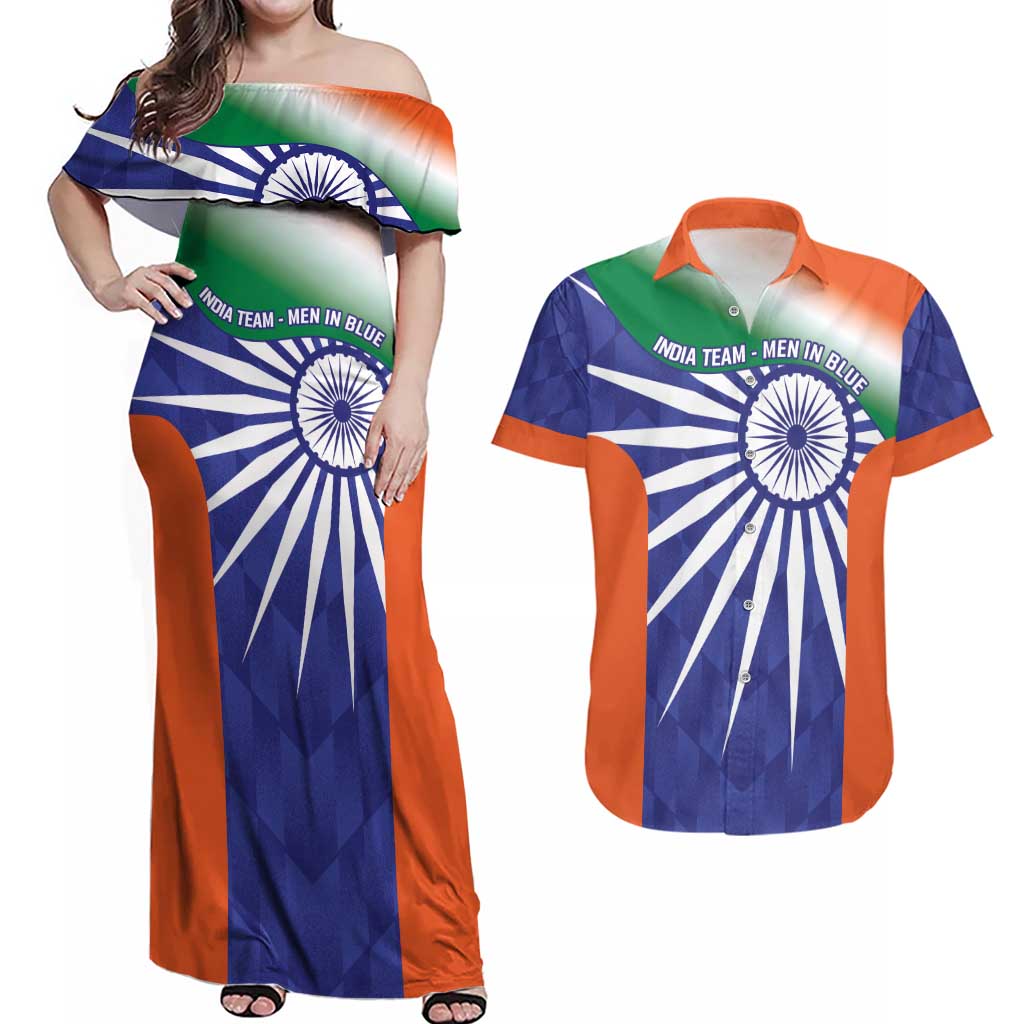 India Cricket Custom Couples Matching Off Shoulder Maxi Dress and Hawaiian Shirt Ashoka Chakra with Flag Style