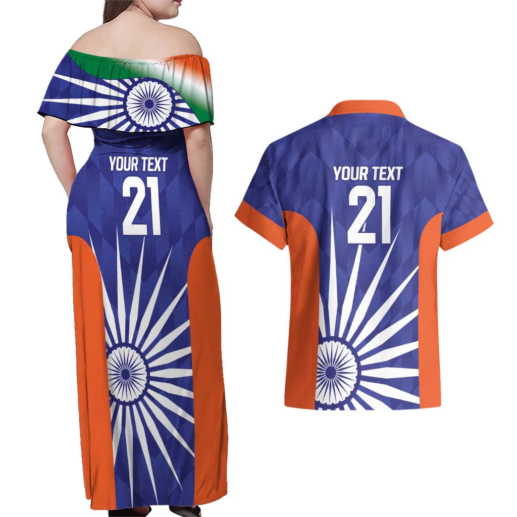 India Cricket Custom Couples Matching Off Shoulder Maxi Dress and Hawaiian Shirt Ashoka Chakra with Flag Style