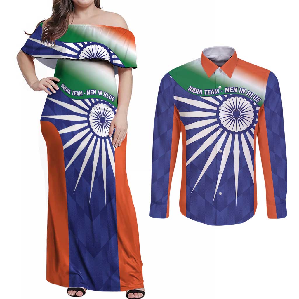 India Cricket Custom Couples Matching Off Shoulder Maxi Dress and Long Sleeve Button Shirt Ashoka Chakra with Flag Style