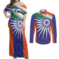 India Cricket Custom Couples Matching Off Shoulder Maxi Dress and Long Sleeve Button Shirt Ashoka Chakra with Flag Style