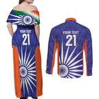 India Cricket Custom Couples Matching Off Shoulder Maxi Dress and Long Sleeve Button Shirt Ashoka Chakra with Flag Style