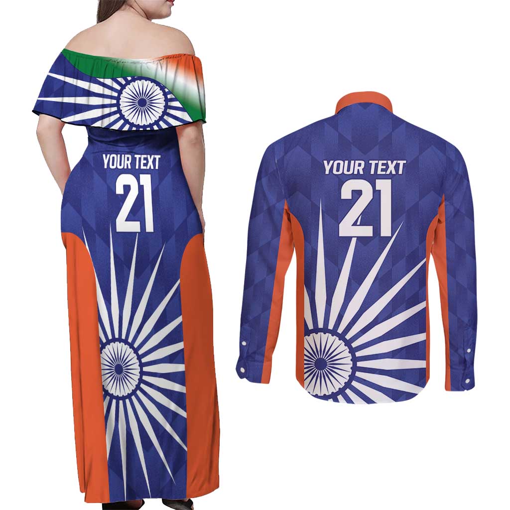 India Cricket Custom Couples Matching Off Shoulder Maxi Dress and Long Sleeve Button Shirt Ashoka Chakra with Flag Style