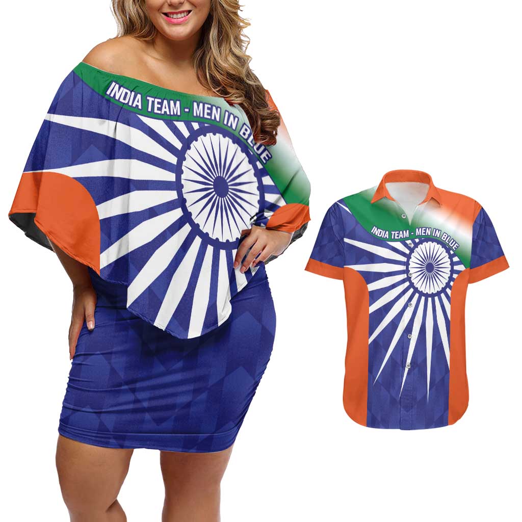 India Cricket Custom Couples Matching Off Shoulder Short Dress and Hawaiian Shirt Ashoka Chakra with Flag Style