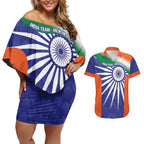 India Cricket Custom Couples Matching Off Shoulder Short Dress and Hawaiian Shirt Ashoka Chakra with Flag Style