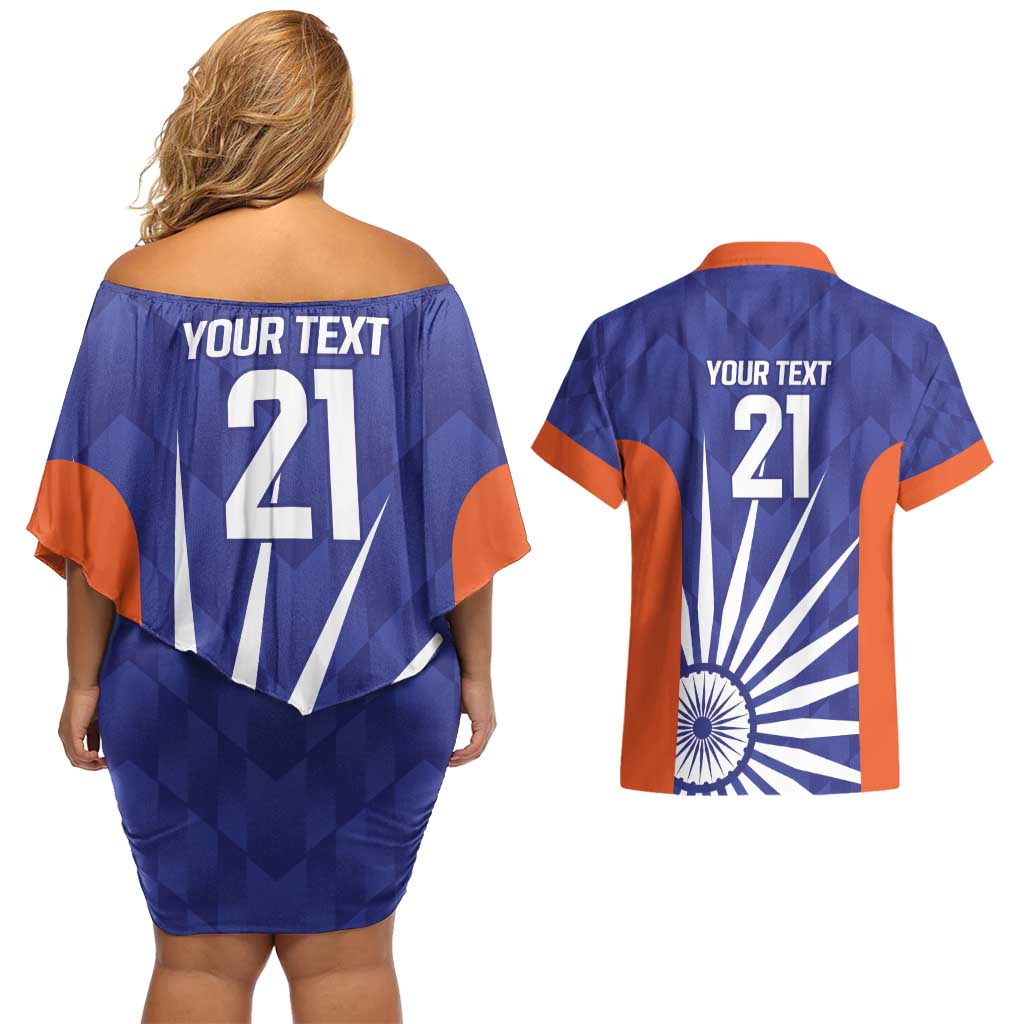 India Cricket Custom Couples Matching Off Shoulder Short Dress and Hawaiian Shirt Ashoka Chakra with Flag Style