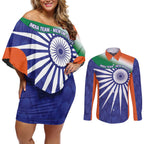 India Cricket Custom Couples Matching Off Shoulder Short Dress and Long Sleeve Button Shirt Ashoka Chakra with Flag Style