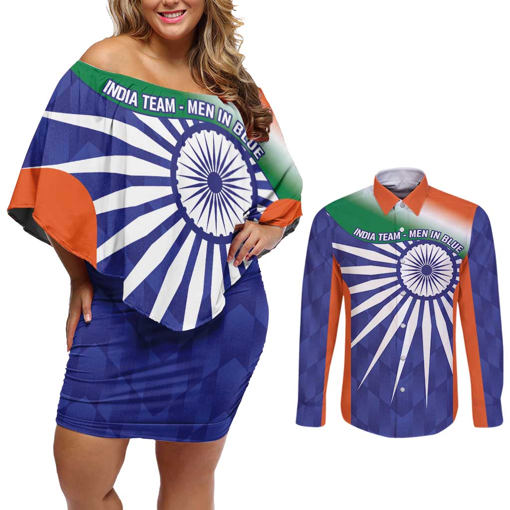 India Cricket Custom Couples Matching Off Shoulder Short Dress and Long Sleeve Button Shirt Ashoka Chakra with Flag Style