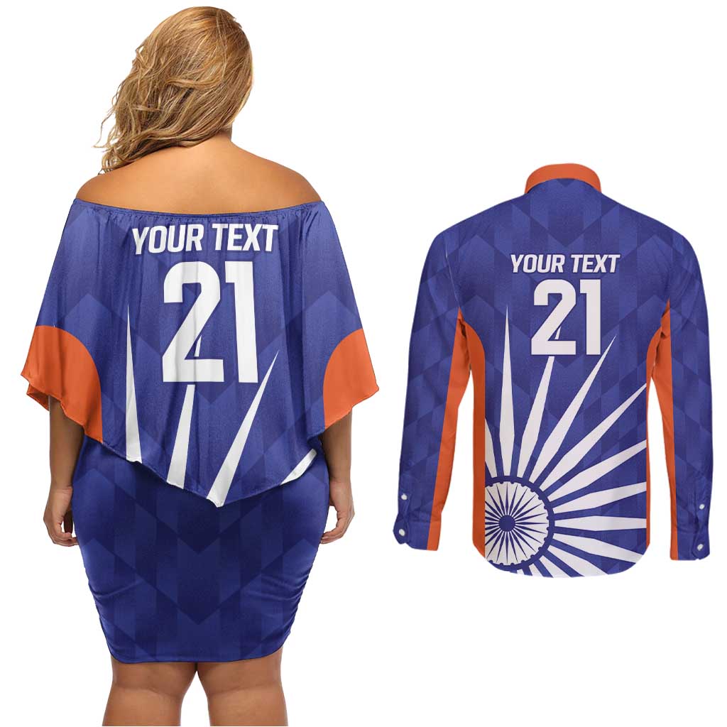 India Cricket Custom Couples Matching Off Shoulder Short Dress and Long Sleeve Button Shirt Ashoka Chakra with Flag Style