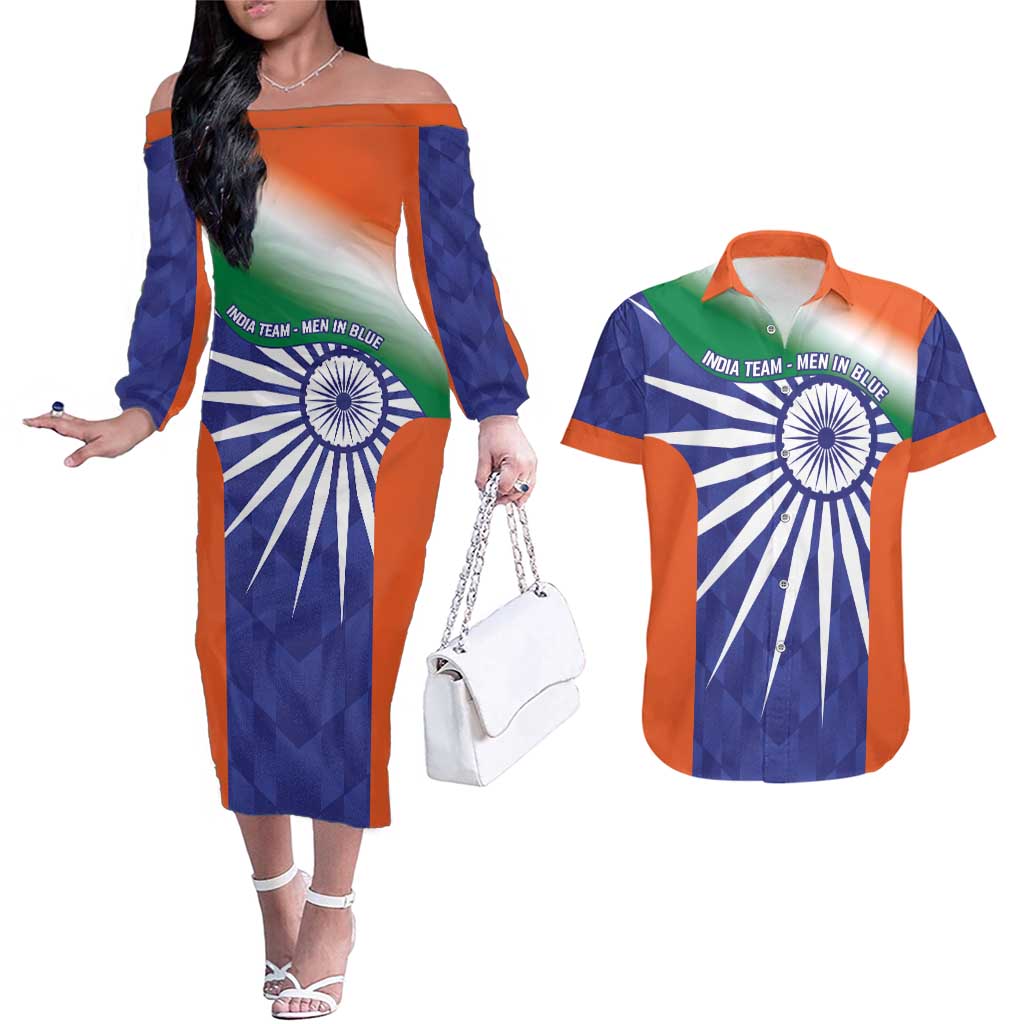 India Cricket Custom Couples Matching Off The Shoulder Long Sleeve Dress and Hawaiian Shirt Ashoka Chakra with Flag Style