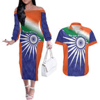 India Cricket Custom Couples Matching Off The Shoulder Long Sleeve Dress and Hawaiian Shirt Ashoka Chakra with Flag Style