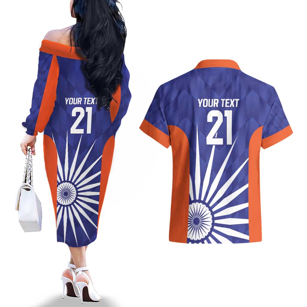India Cricket Custom Couples Matching Off The Shoulder Long Sleeve Dress and Hawaiian Shirt Ashoka Chakra with Flag Style