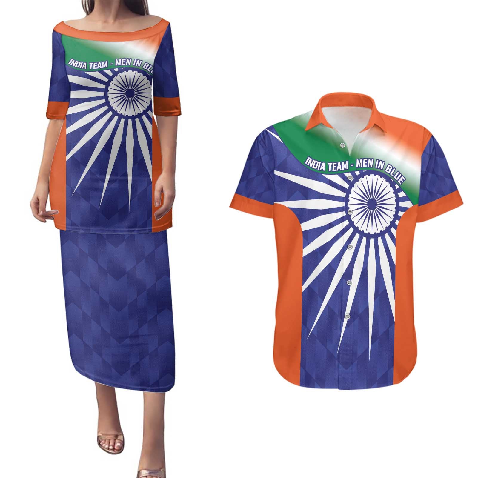 India Cricket Custom Couples Matching Puletasi and Hawaiian Shirt Ashoka Chakra with Flag Style