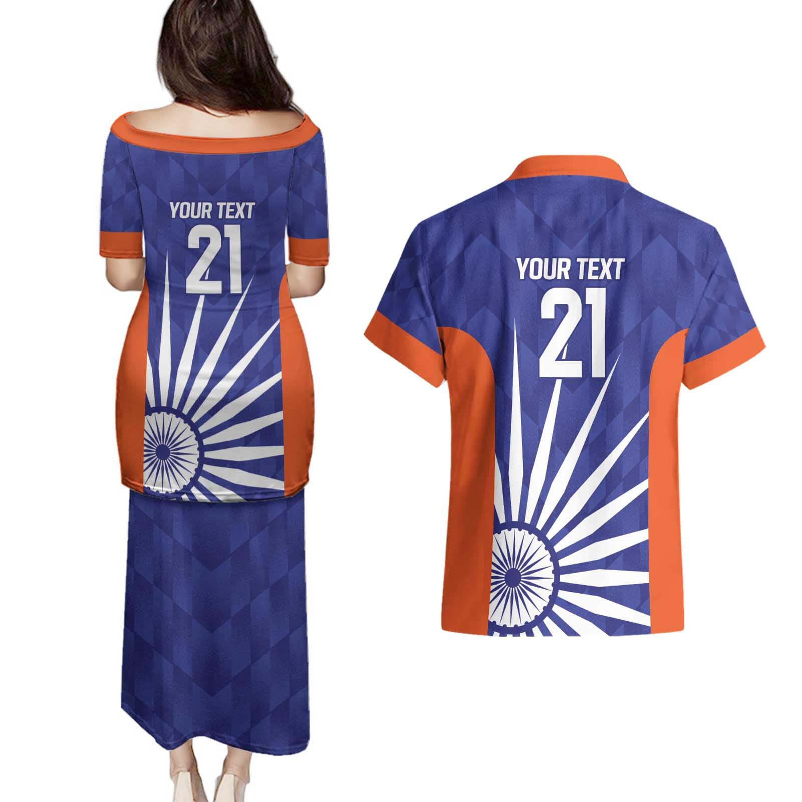 India Cricket Custom Couples Matching Puletasi and Hawaiian Shirt Ashoka Chakra with Flag Style