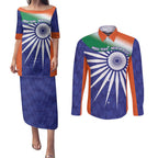 India Cricket Custom Couples Matching Puletasi and Long Sleeve Button Shirt Ashoka Chakra with Flag Style