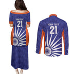 India Cricket Custom Couples Matching Puletasi and Long Sleeve Button Shirt Ashoka Chakra with Flag Style