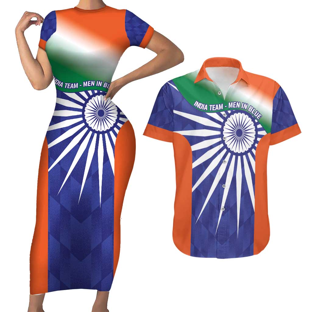 India Cricket Custom Couples Matching Short Sleeve Bodycon Dress and Hawaiian Shirt Ashoka Chakra with Flag Style