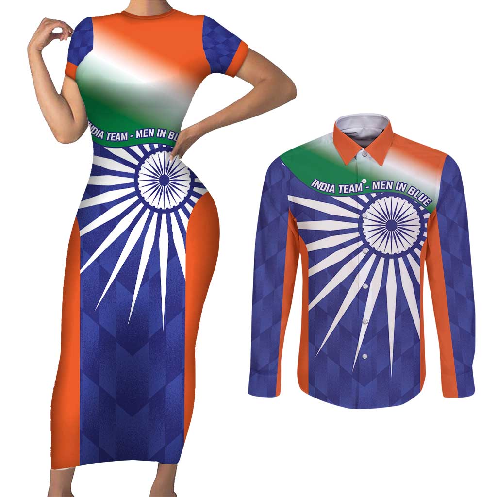 India Cricket Custom Couples Matching Short Sleeve Bodycon Dress and Long Sleeve Button Shirt Ashoka Chakra with Flag Style