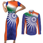 India Cricket Custom Couples Matching Short Sleeve Bodycon Dress and Long Sleeve Button Shirt Ashoka Chakra with Flag Style