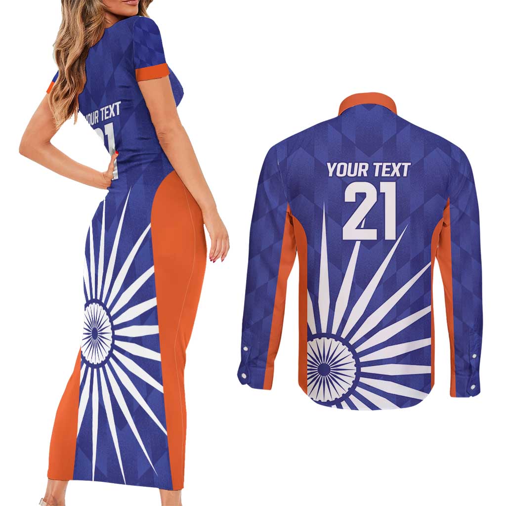India Cricket Custom Couples Matching Short Sleeve Bodycon Dress and Long Sleeve Button Shirt Ashoka Chakra with Flag Style
