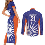 India Cricket Custom Couples Matching Short Sleeve Bodycon Dress and Long Sleeve Button Shirt Ashoka Chakra with Flag Style