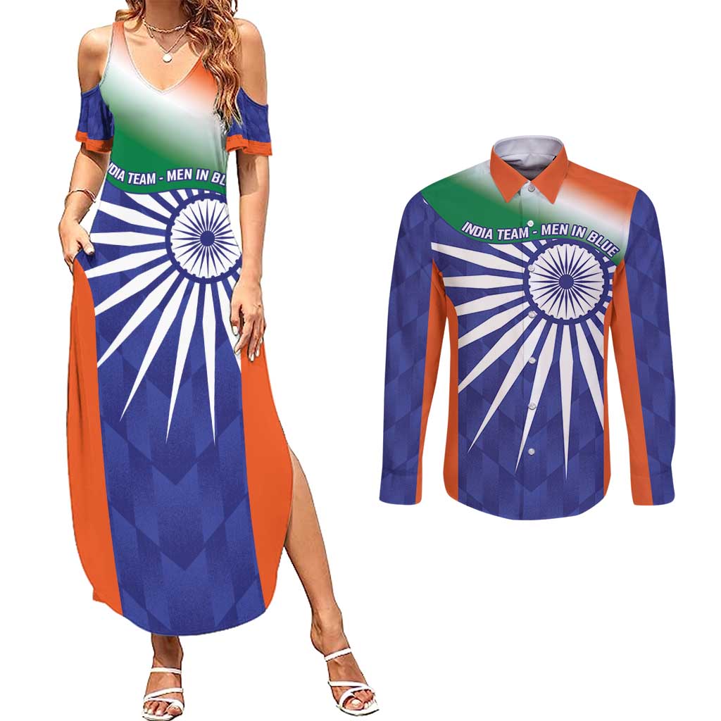 India Cricket Custom Couples Matching Summer Maxi Dress and Long Sleeve Button Shirt Ashoka Chakra with Flag Style
