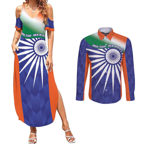 India Cricket Custom Couples Matching Summer Maxi Dress and Long Sleeve Button Shirt Ashoka Chakra with Flag Style