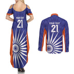 India Cricket Custom Couples Matching Summer Maxi Dress and Long Sleeve Button Shirt Ashoka Chakra with Flag Style