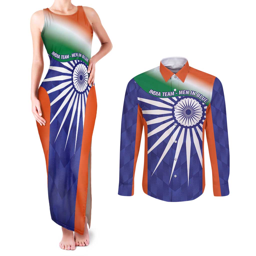 India Cricket Custom Couples Matching Tank Maxi Dress and Long Sleeve Button Shirt Ashoka Chakra with Flag Style
