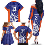 India Cricket Custom Family Matching Off The Shoulder Long Sleeve Dress and Hawaiian Shirt Ashoka Chakra with Flag Style