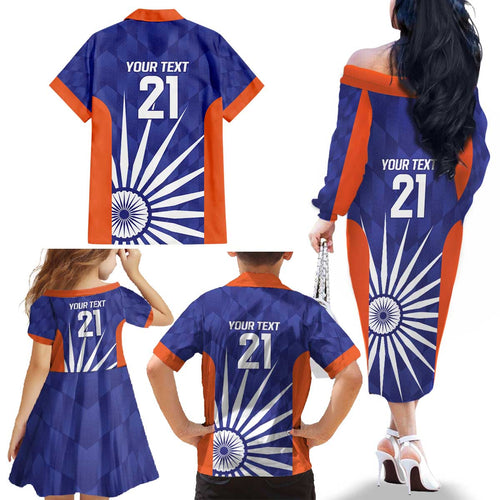 India Cricket Custom Family Matching Off The Shoulder Long Sleeve Dress and Hawaiian Shirt Ashoka Chakra with Flag Style