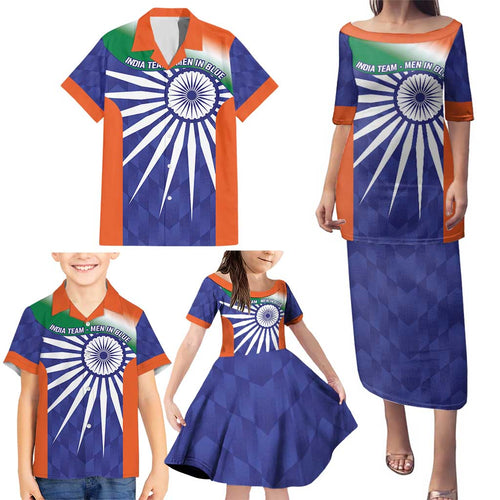 India Cricket Custom Family Matching Puletasi and Hawaiian Shirt Ashoka Chakra with Flag Style