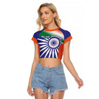 India Cricket Custom Raglan Cropped T Shirt Ashoka Chakra with Flag Style